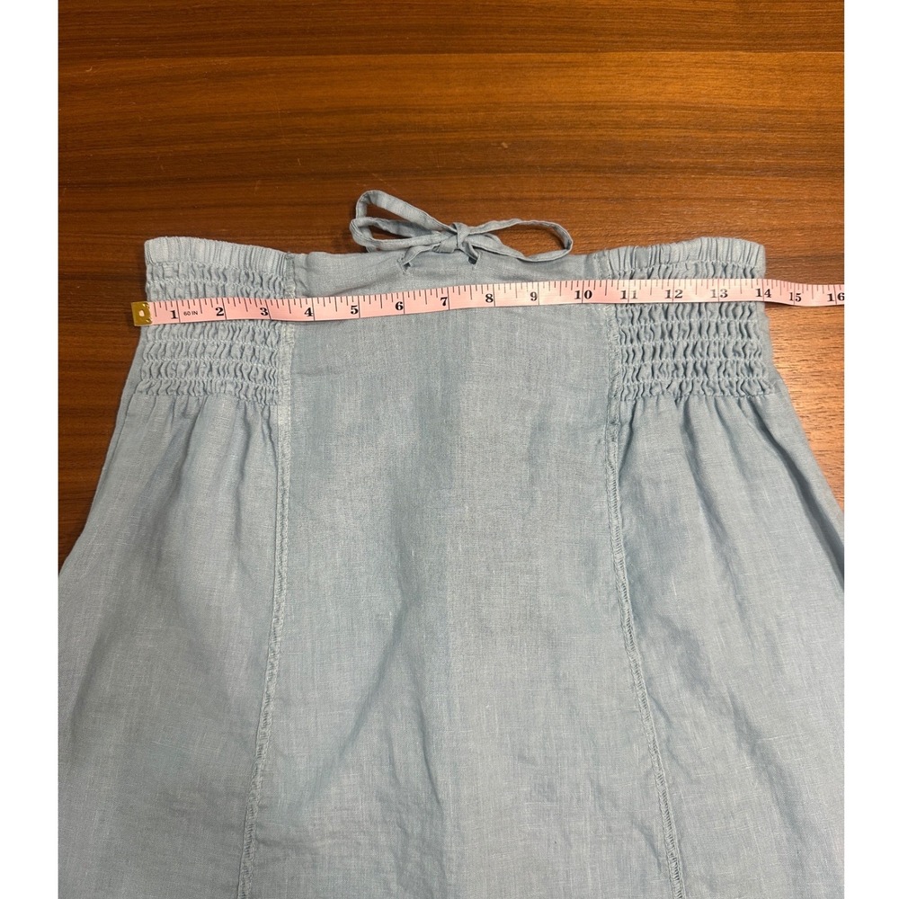 XCVI Midi Skirt 100% Linen Small Light Blue Smocked Frayed Hem Earthy Granola - Picture 4 of 9